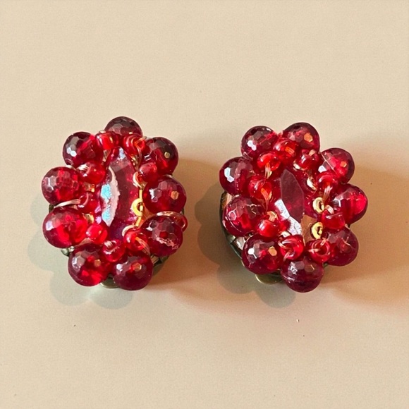 West Germany Jewelry - Vintage CLIP ON Red Glass Beaded Earrings Gold Tone Clasp Inside Beads Signed W